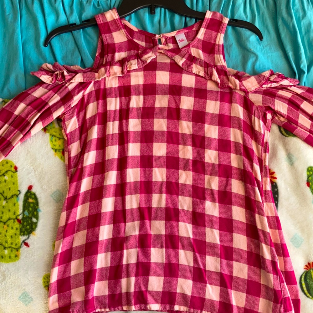 Plaid cold shoulder long sleeve shirt